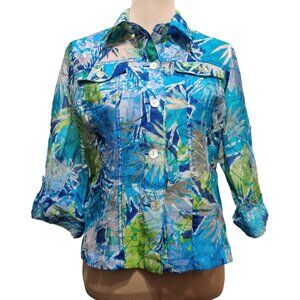 Ruby Rd 10 Womens Blue Green Blouse Tropical Button Front Semi Sheer Shirt Palm